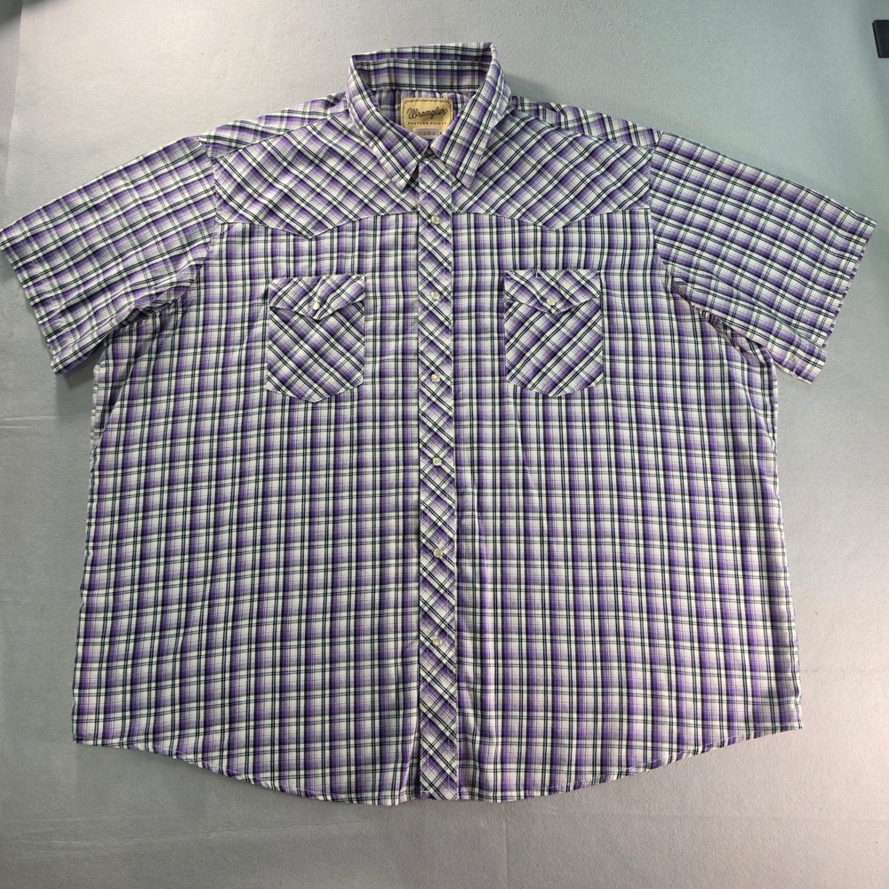 Wrangler Western Shirt Mens 3XL Purple Plaid Pearl Snap Short Sleeve WM248PL